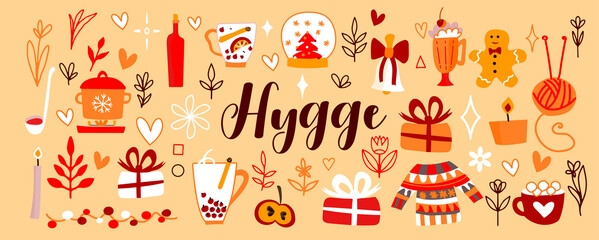 Vector cute illustrations for warm and cozy hugge design. Mulled wine, gifts, cocoa, warm red and yellow colors Illustration for your postcard, poster, flyer.