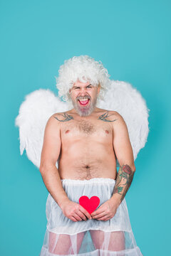 Valentines Day. Naughty Cupid. Bad Cupid. Bearded Angel. Paper Heart. Sex.