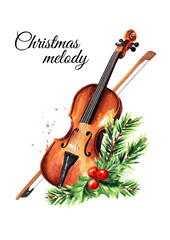 Retro wooden brown violin with bow music string instrument, winter song, Christmas melody concept. Winter song Concept. Hand drawn watercolor illustration isolated on white background © dariaustiugova