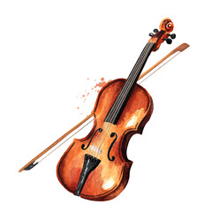 Retro wooden brown violin with bow music string instrument. Hand drawn watercolor illustration isolated on white background © dariaustiugova