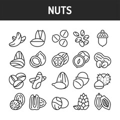 Nuts and seeds black line icons set. Isolated vector element. Outline pictograms for web page, mobile app, promo