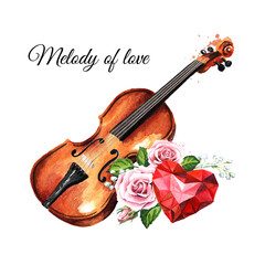 Fototapeta premium Retro wooden brown violin with bow music string instrument. Melody of love concept. Hand drawn watercolor illustration isolated on white background