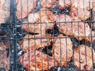 Delicious grilled pork meat in BBQ Barbecue with pork meat. Kebabs on the grill. Close-Up Of Meat On Barbecue Grill With Smoke.
