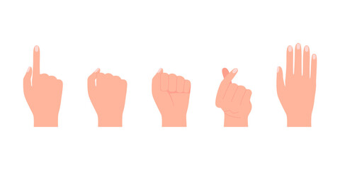 Different gestures of human hands. Finger pointing, touch, fist, love. Vector isolated on white background