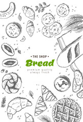Bakery background. Linear graphic. Bread and pastry collection. Bread house. Engraved top view illustration. Flat lay. illustration.