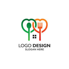 Fork and spoon with love for restaurant logo design template