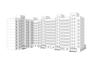 Fototapeta premium Multi-storey residential building rendered isolated on a white background with shadows. Sketch style