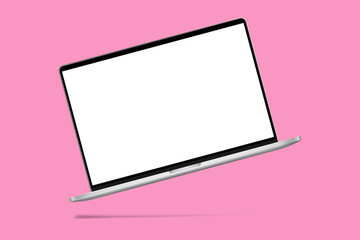 Slim modern laptop with white screen mockup on pink background with shadow.