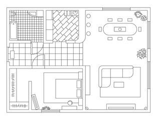 Architecture plan with furniture in top view. Coloring book