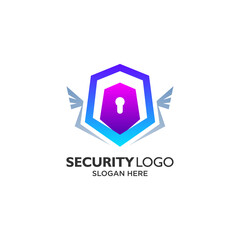 Shield and padlock with wings logo design template