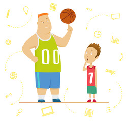 Big and little schoolboys at a physical education lesson. Senior and junior programmers concept. Big and small business concept. illustration.