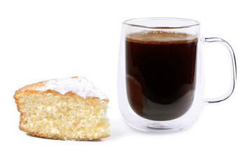 A glass cup of coffee and pastry isolated on a white background. A mug of black coffee and cake isolated