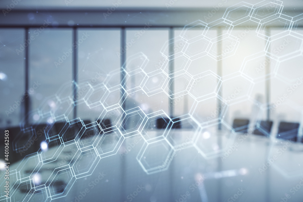 Poster double exposure of abstract virtual technology hologram with hexagon on a modern meeting room backgr