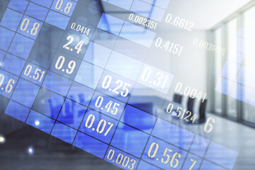 Abstract virtual analytics data spreadsheet on a modern coworking room background, analytics and analysis concept. Multiexposure