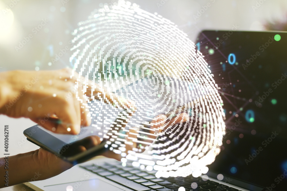 Aufkleber abstract creative fingerprint concept with finger clicks on a digital tablet on background. multiexp