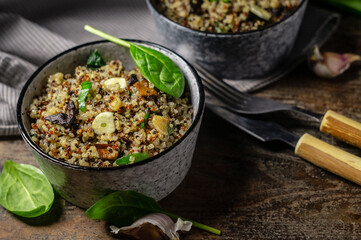 Two bowls with quinoa, mushrooms, garlic and spinach
