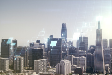 Fototapeta na wymiar Double exposure of virtual creative financial diagram on San Francisco office buildings background, banking and accounting concept