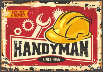 Handyman retro ad with yellow safety helmet, tools and gears. Old sign for house service and maintenance. Vector commercial signboard in vintage style. Construction and home keeping theme.