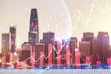 Multi exposure of virtual abstract financial graph hologram and world map on San Francisco cityscape background, financial and trading concept