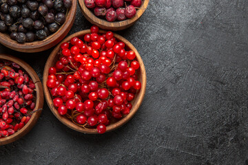 top view different fresh fruits inside plates on the dark background fruit color photo many mellow