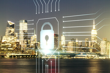 Virtual creative lock symbol and microcircuit illustration on New York city skyline background. Protection and firewall concept. Multiexposure