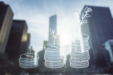 Virtual cash savings sketch on modern architecture background, success and solution concept. Multi exposure