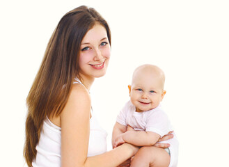 Portrait of happy smiling mother and baby playing together over a white background