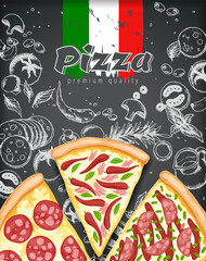 Color pizza poster. Savoury pizza ads with 3d illustration rich toppings dough on engraved style chalk doodle background. banner for cafe, restaurant or food delivery service. Top view
