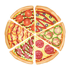 Color pizza top view. Savoury pizza ads with 3d illustration rich toppings dough. Colorful and tasty banner for cafe, restaurant or food delivery service