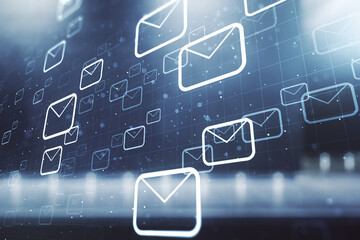 Abstract virtual postal envelopes hologram on blurry contemporary office building background, email...