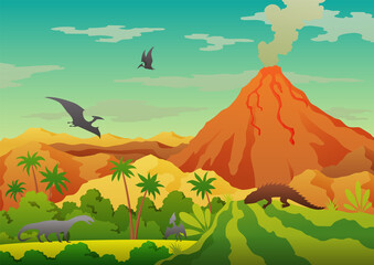 Prehistoric landscape - volcano with smoke, mountains, dinosaurs and green vegetation. illustration of beautiful prehistoric landscape and dinosaurs © the8monkey