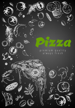 Hand drawn pizza line banner. Engraved style chalk doodle background. Savoury pizza ads with 3d illustration rich toppings dough. Tasty banner for cafe, restaurant or food delivery service