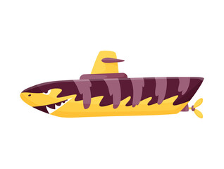 Submarine undersea. Shark design. Cute cartoon yellow submarine. Bathyscaphe underwater ship. Diving exploring at the bottom of sea. Child game illustration