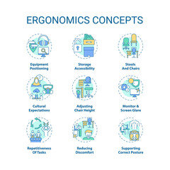 Ergonomics concept icons set. Safe and healthful workplace idea thin line RGB color illustrations. Reducing discomfort. Equipment positioning. Vector isolated outline drawings. Editable stroke