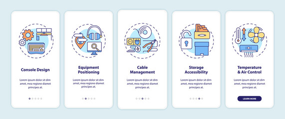 Control room ergonomics onboarding mobile app page screen with concepts. Console design, cable management walkthrough 5 steps graphic instructions. UI vector template with RGB color illustrations