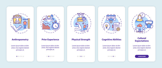 Human factors in ergonomics onboarding mobile app page screen with concepts. Anthropometry, physical strength walkthrough 5 steps graphic instructions. UI vector template with RGB color illustrations