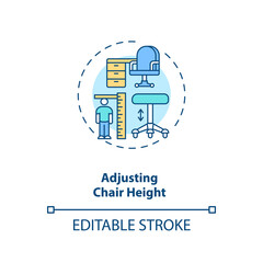 Adjusting chair height concept icon. Office ergonomics tip idea thin line illustration. Comfortable seating position. Reducing back pain. Vector isolated outline RGB color drawing. Editable stroke