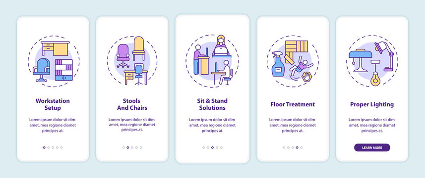 Workplace Design Onboarding Mobile App Page Screen With Concepts. Work Station Setup, Sit And Stand Solutions Walkthrough 5 Steps Graphic Instructions. UI Vector Template With RGB Color Illustrations