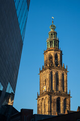 Forum building and the Martinitower in Groningen on a sunny morning.