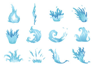Naklejka premium Water splash. Blue water waves set, wavy liquid symbols of nature in motion. Isolated design elements