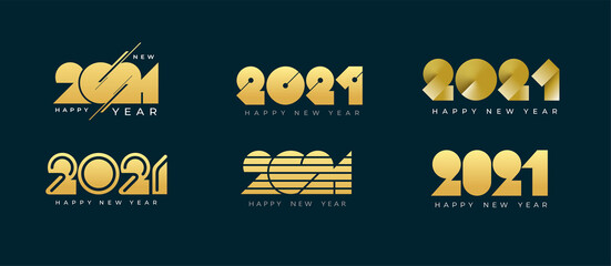Set 2021 Happy New Year logo text gold color. 2021 set number design template.