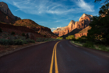 Beautiful view of the road running along the Zion Canyon at the Zion National Park, Utah, USA