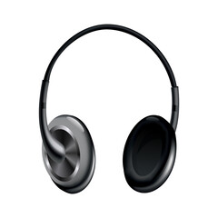 Headphone. Black music earphone or gaming headset. Audio gadget with speaker or wireless mobile earbud isolated 3d vector image. Technology studio accessories