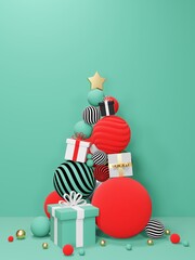 3D render - image merry Christmas red and green background, image of podium product stand for Christmas event, Christmas background, Winter landscape, holiday Christmas new year concept.