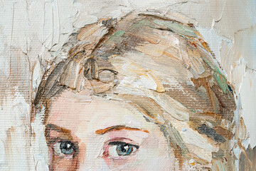 Young girl with blond hair on a gray-brown background. Oil painting on canvas.