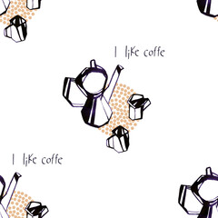 Seamlass pattern illustration with black and white teapots on circle with dots isolated on whire background