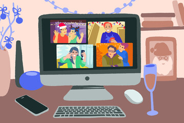 Online celebrate Christmas. Virtual party, meet up, video conference.