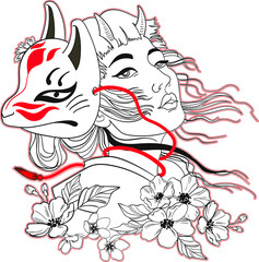 Vector japanese style illustration. Kabuki mask geisha girl image.