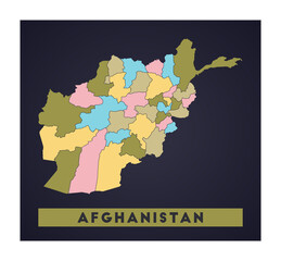 Afghanistan map. Country poster with regions. Shape of Afghanistan with country name. Awesome vector illustration.