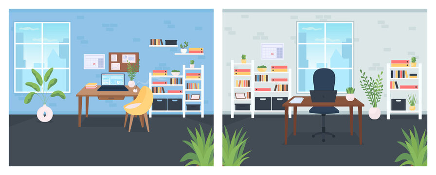 Office flat color vector illustration set
